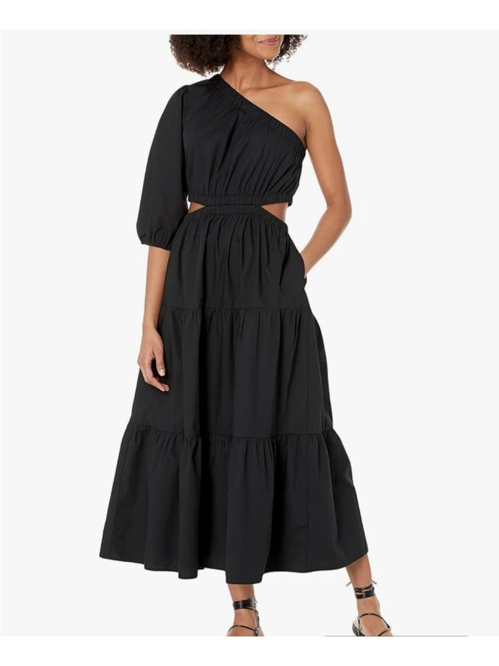 Asymmetric One-Shoulder Black Tiered Maxi Dress
